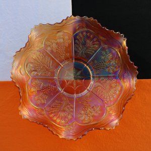Peacock and Grape Carnival Glass Bowl